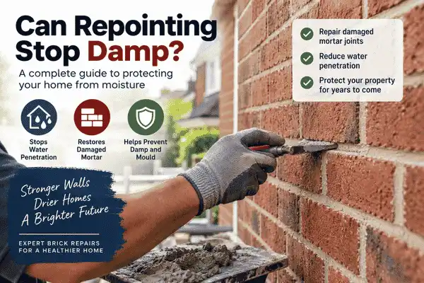 Professional bricklayer repointing exterior brick wall to prevent damp and water penetration